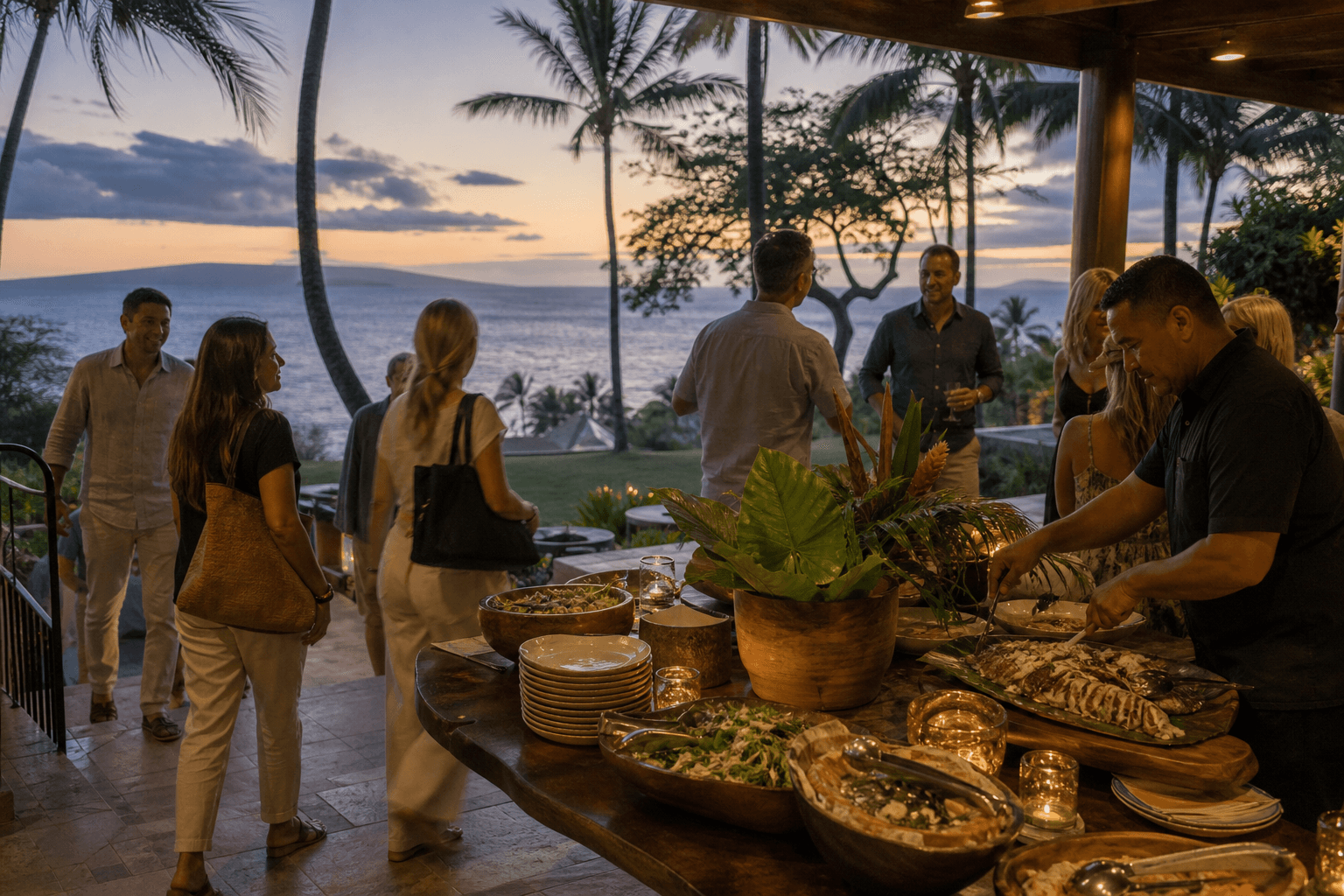 First-night grazing on a Wailea lānai — family-style fish, guests in travel clothes.