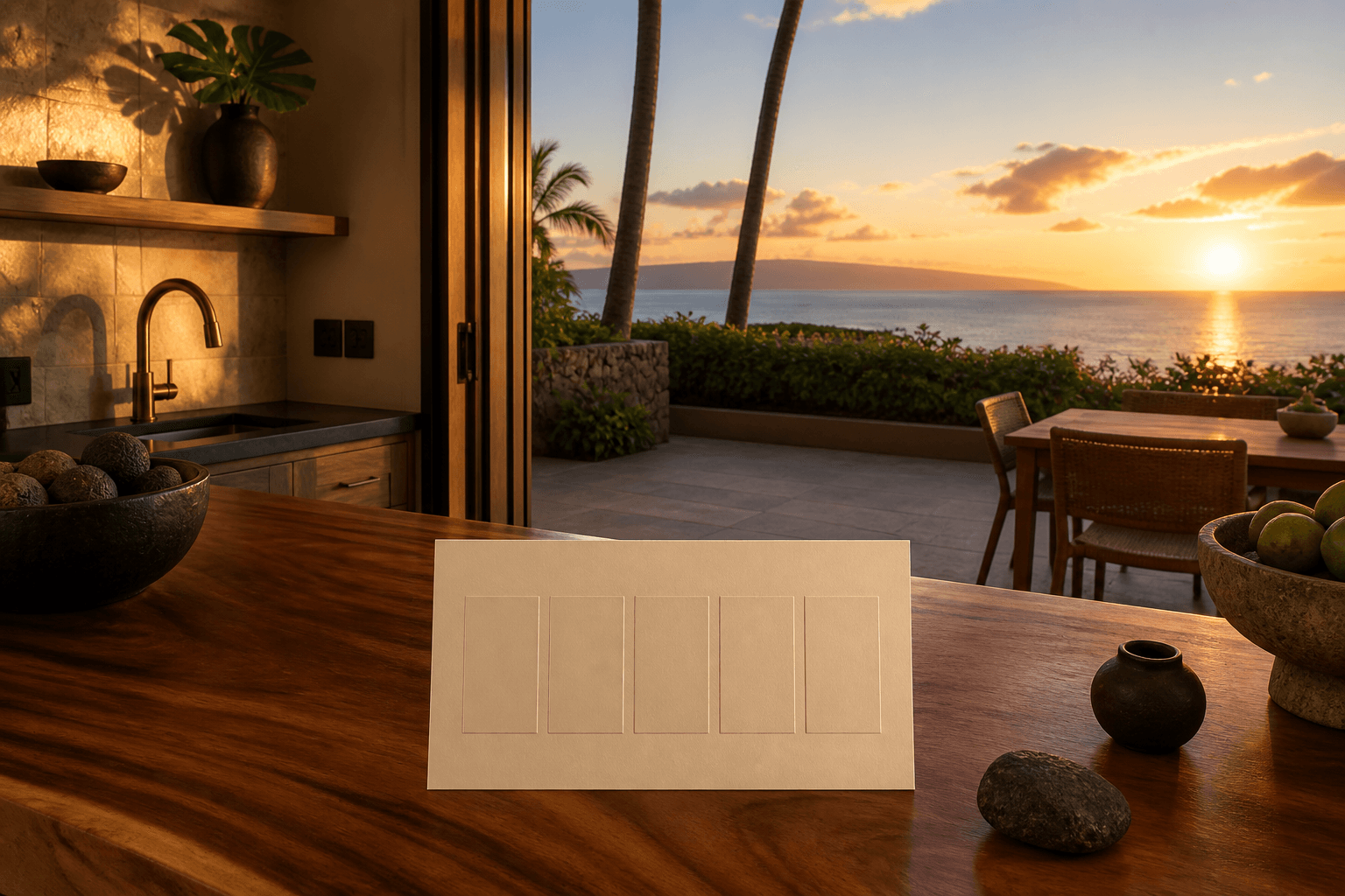 A Wailea kitchen counter with a five-field quote card, Molokini faint beyond the lānai.