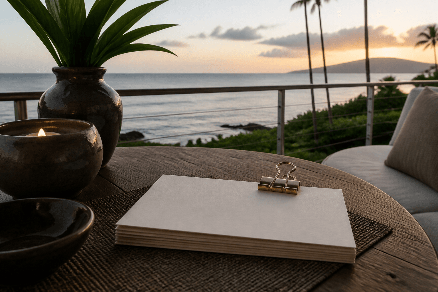 A stacked set of blank cream URL cards on a Wailea lānai table, brass clip, Pacific dusk.