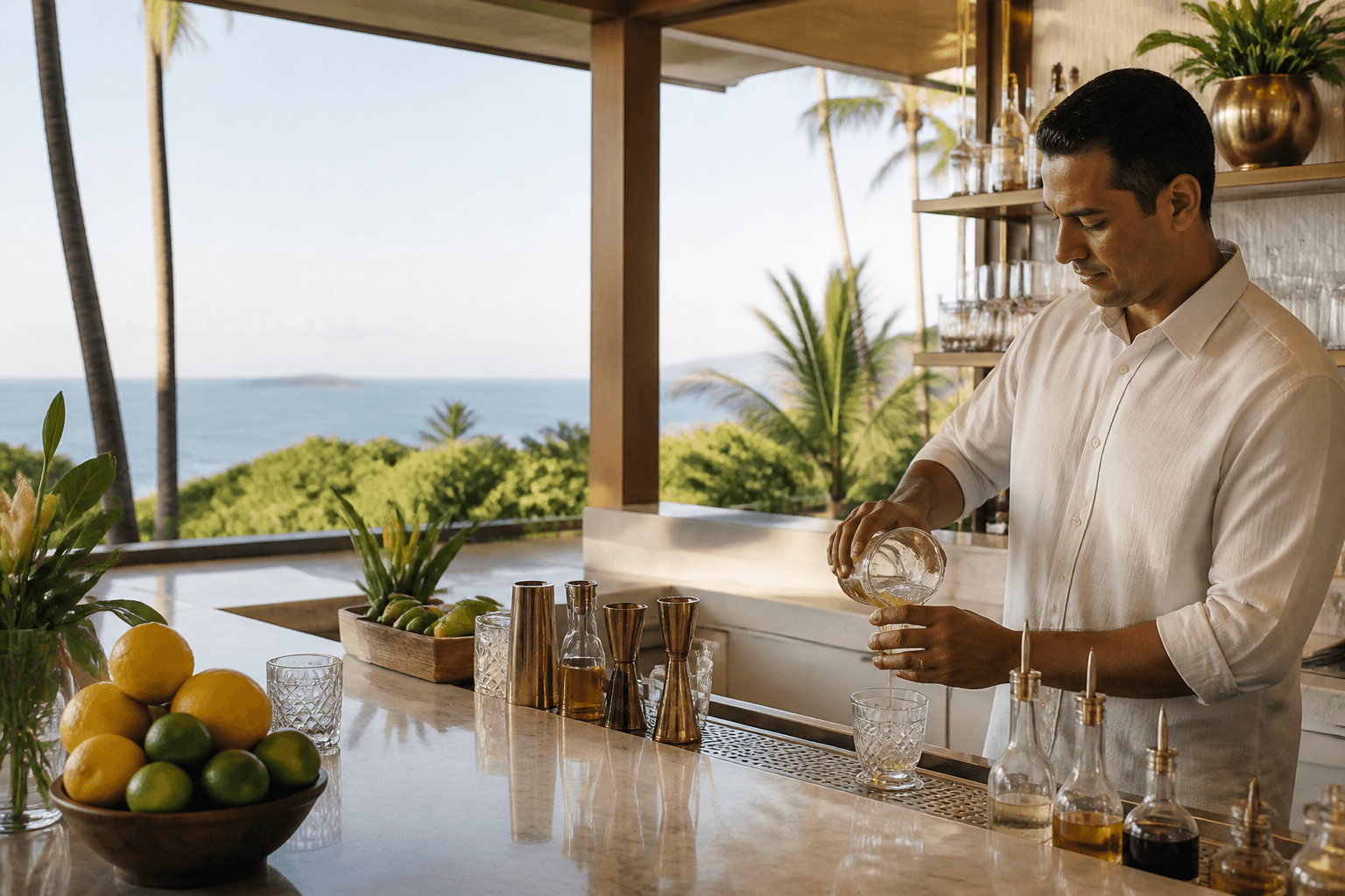 A bartender at a Wailea lānai counter, citrus and glassware, Molokini faint.
