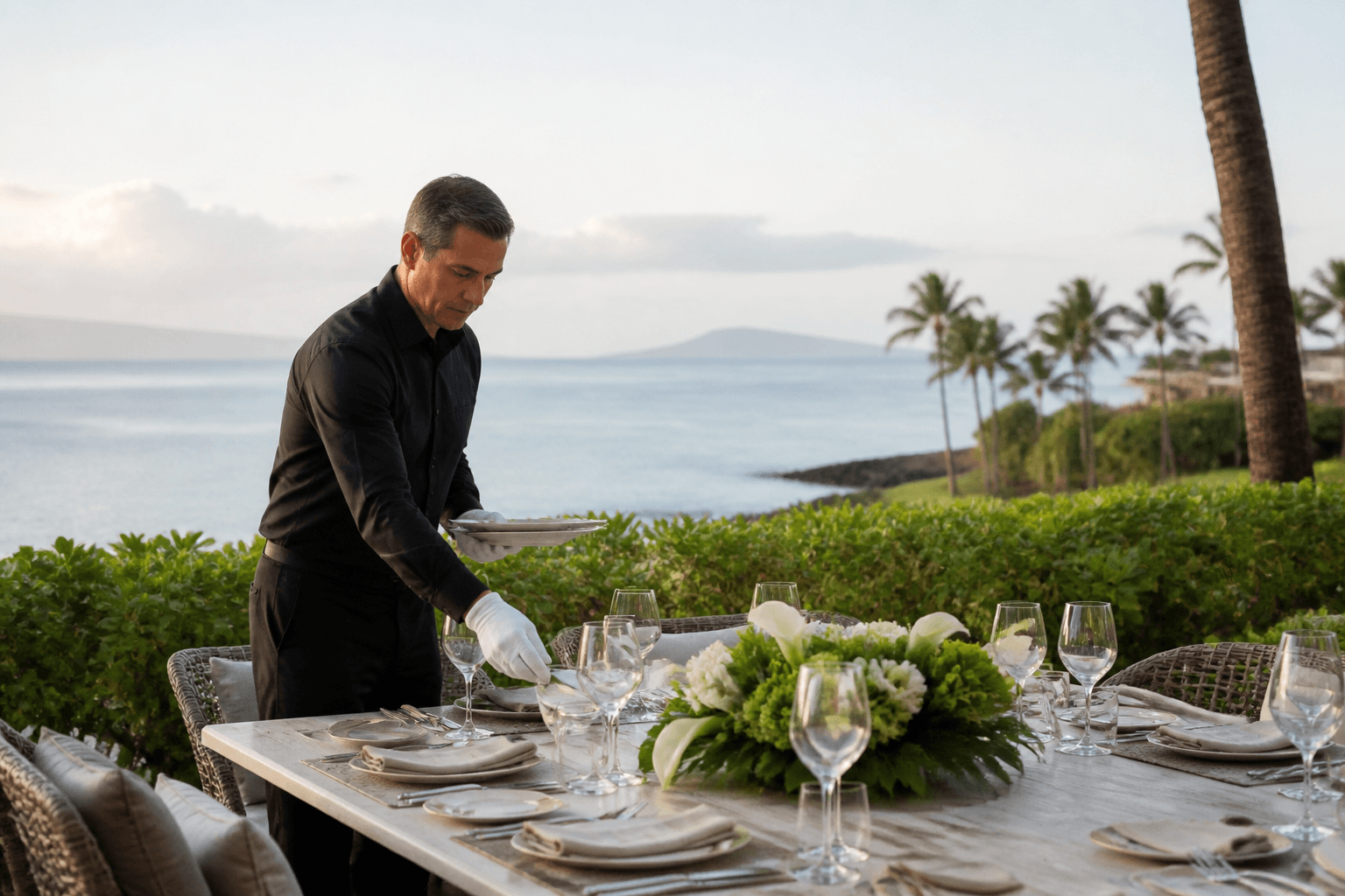A butler setting a Wailea dining table, Molokini faint — quoted add-on, not a hotel staff.
