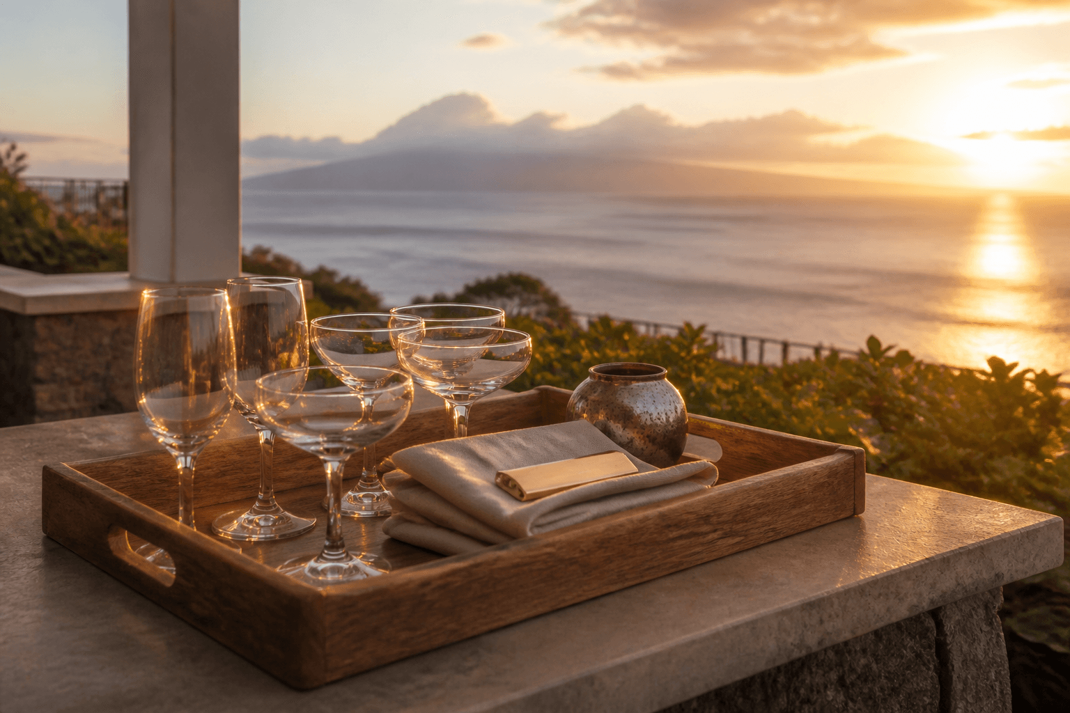 Unused empty glasses and sand linen on a Wailea lānai pass at west sunset.