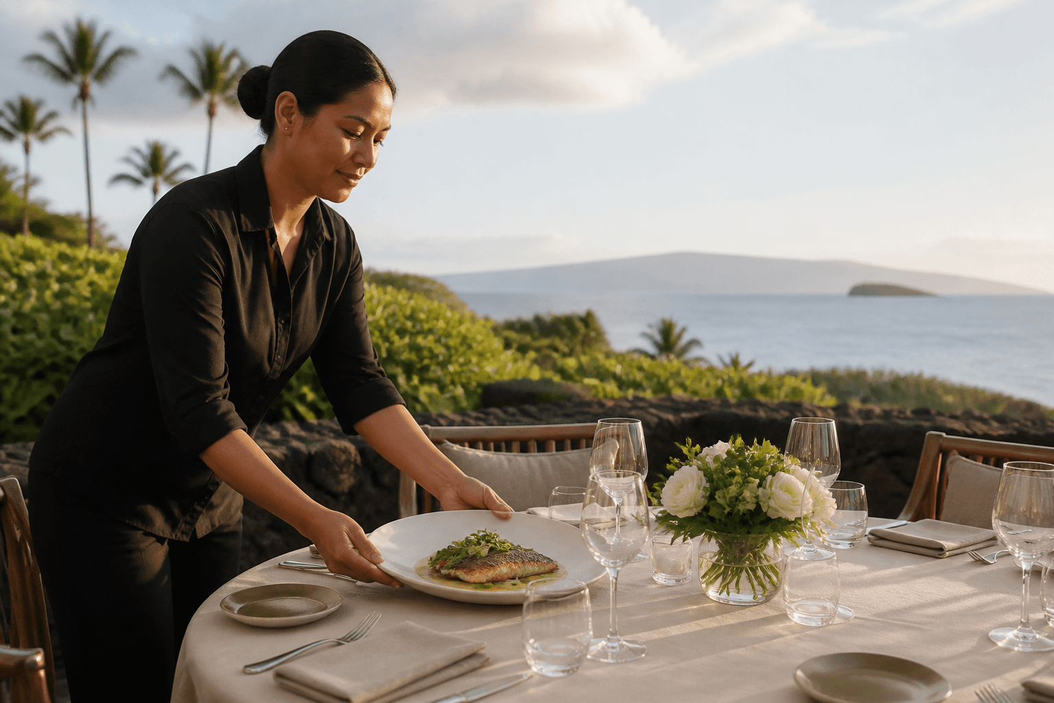 A server setting plated fish on a Wailea lānai table, Molokini faint.