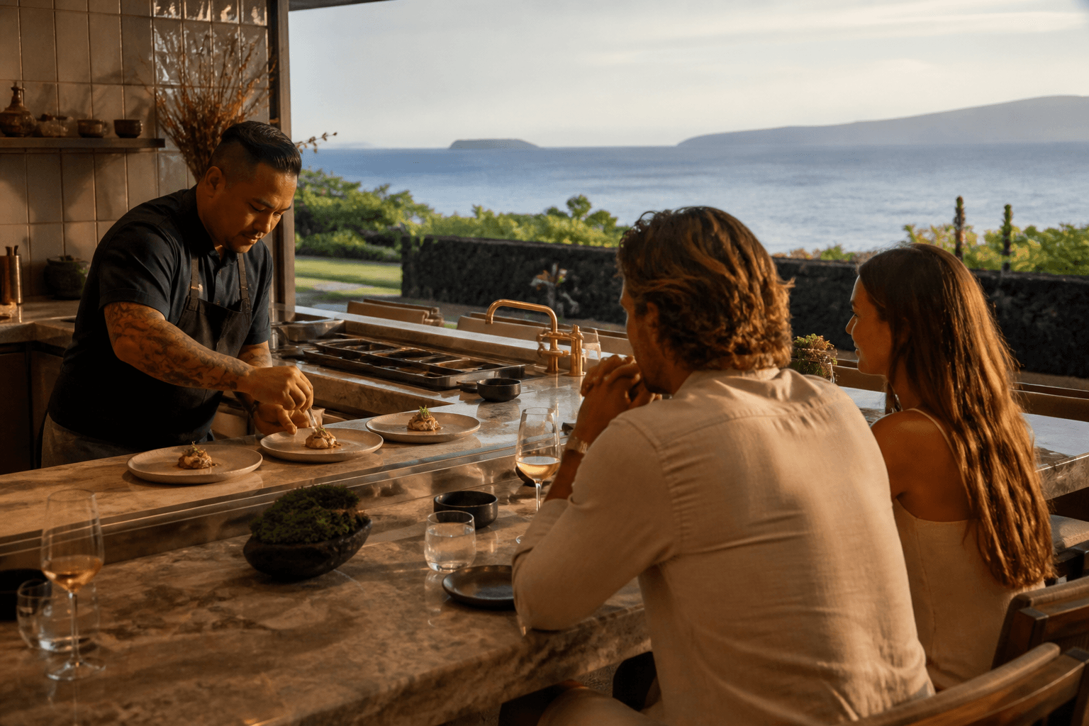 A couple at a Wailea open-kitchen counter watching tasting plates, Molokini faint.