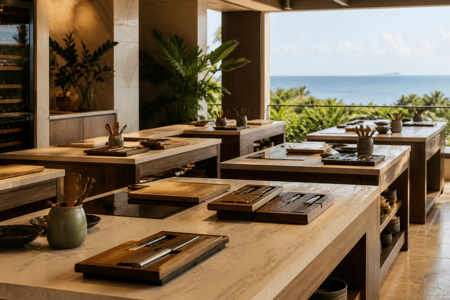 A Wailea open kitchen with unused class stations, Molokini faint.