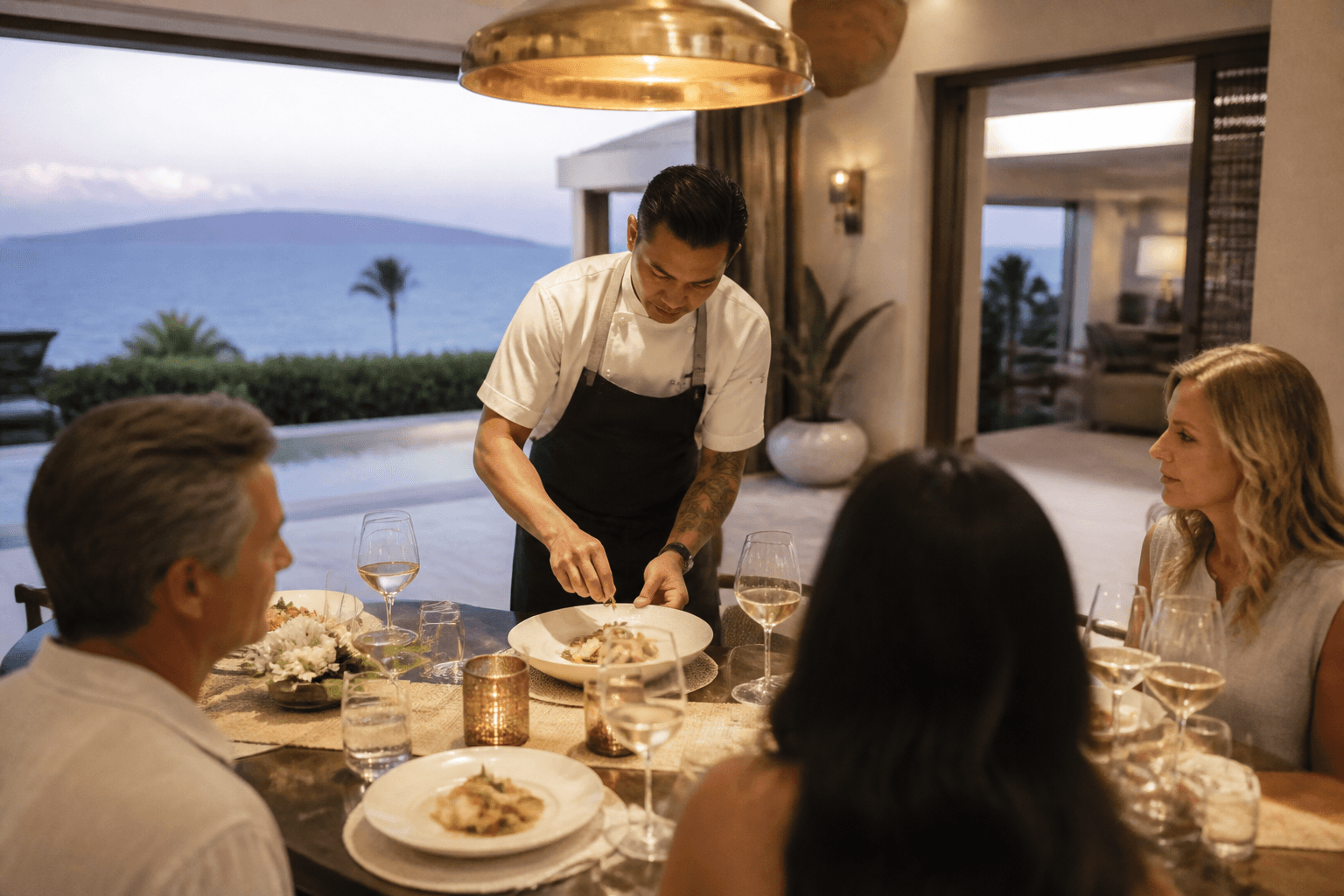 An executive villa dinner in Wailea — plated fish, Molokini faint, not a ballroom.