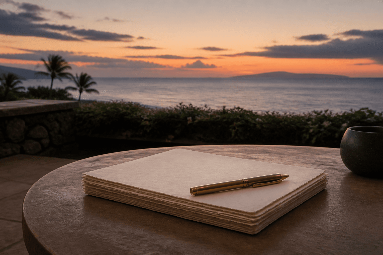 An itemised Maui fee stack on cream paper on a Wailea lānai table, Pacific beyond.