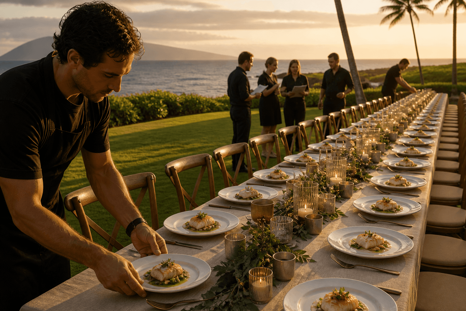 A Wailea lawn long table with identical plated fish for a small staffed guest list.