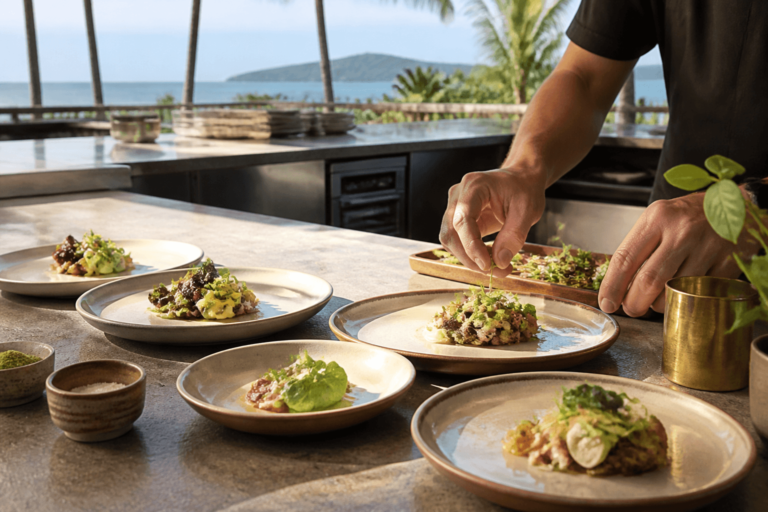 Vegan tasting plates on a Wailea open-kitchen counter, Molokini faint.
