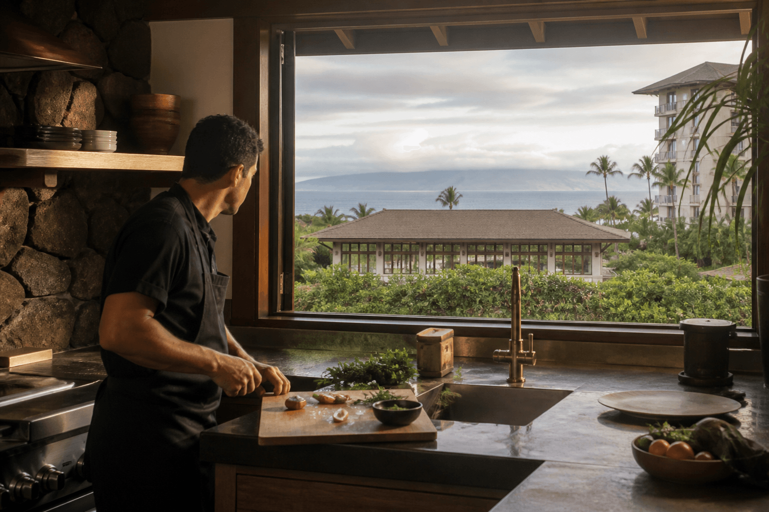 A Wailea kitchen looking past the house toward a distant resort — we cook villas, not ballrooms.