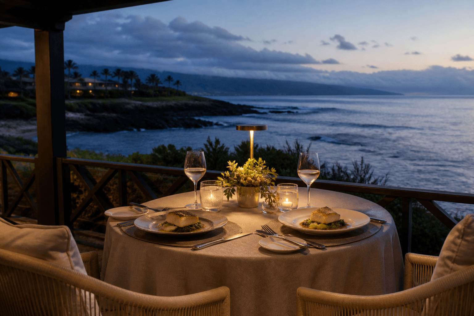 Dinner for two on a Kapalua lānai at blue hour — two plated fish, northwest bay.