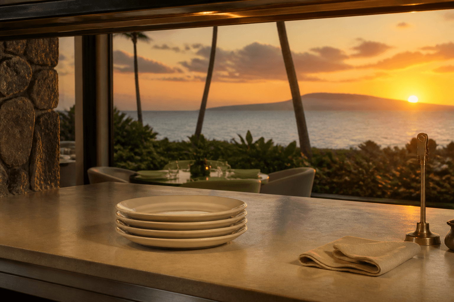 Four unused ivory plates stacked on a Wailea kitchen pass at west sunset, brass clip, Pacific beyond.