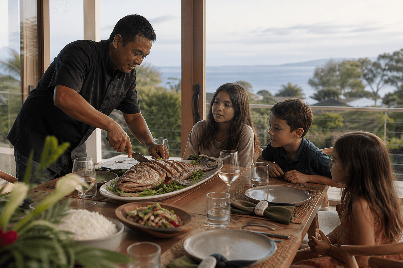 A Kīhei vacation-home table — grilled fish for adults, kids’ plates beside.