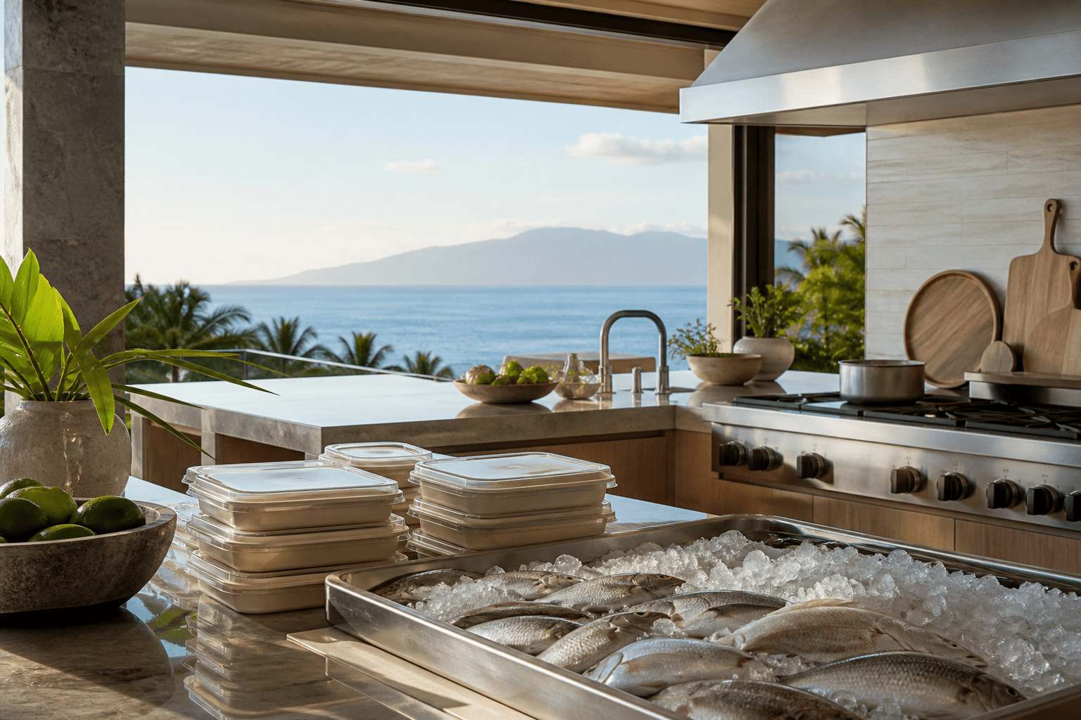 A Wailea kitchen with unused meal-prep containers, Molokini faint.