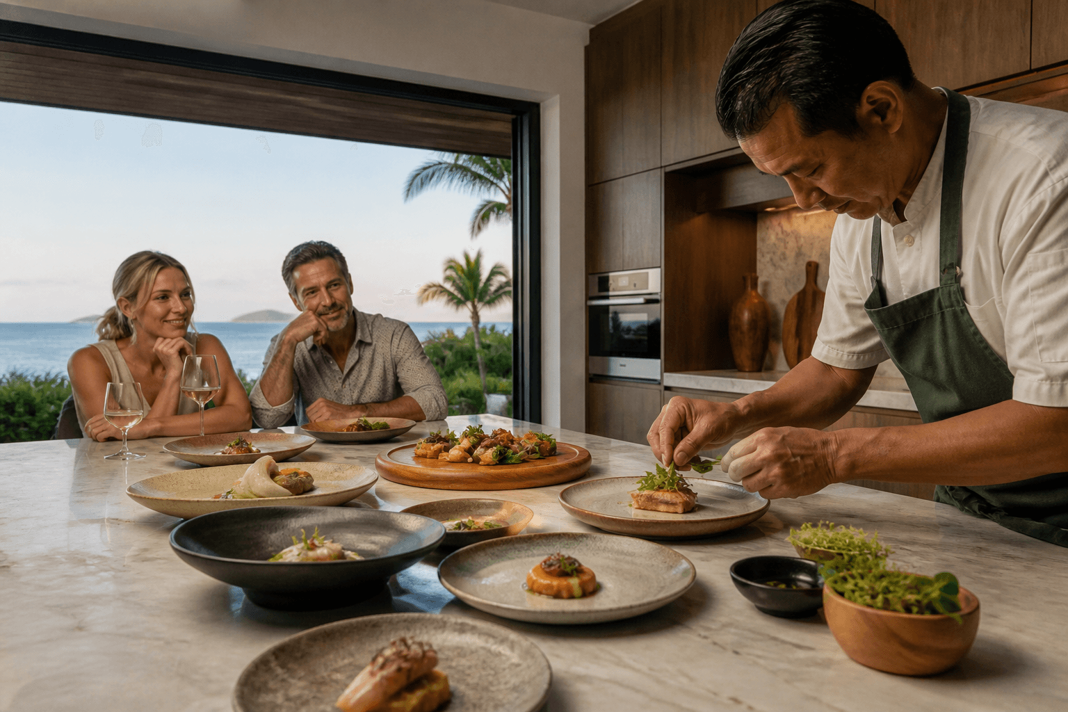 Tasting plates on a Wailea kitchen counter, Molokini faint, not a restaurant claim.