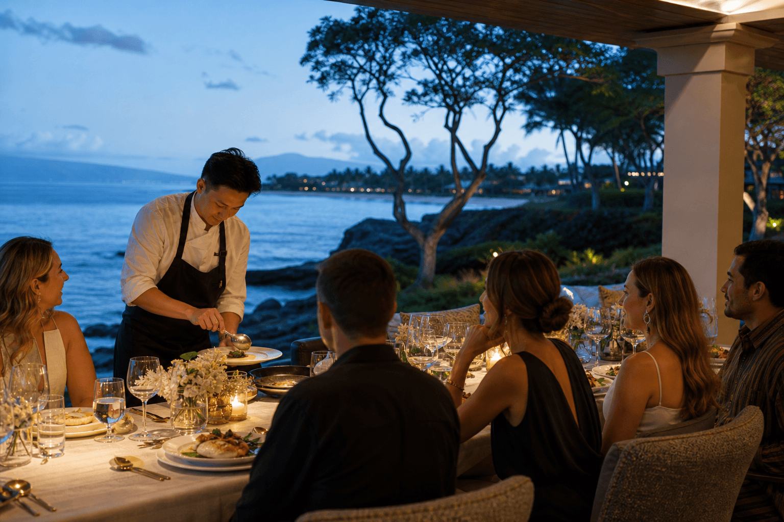 A Kapalua rehearsal dinner at blue hour — plated fish, northwest bay.