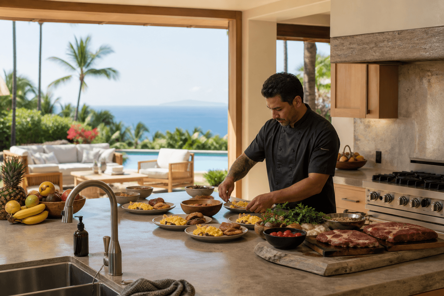 A Wailea full-board retreat kitchen — breakfast plates and dinner mise, Molokini faint.