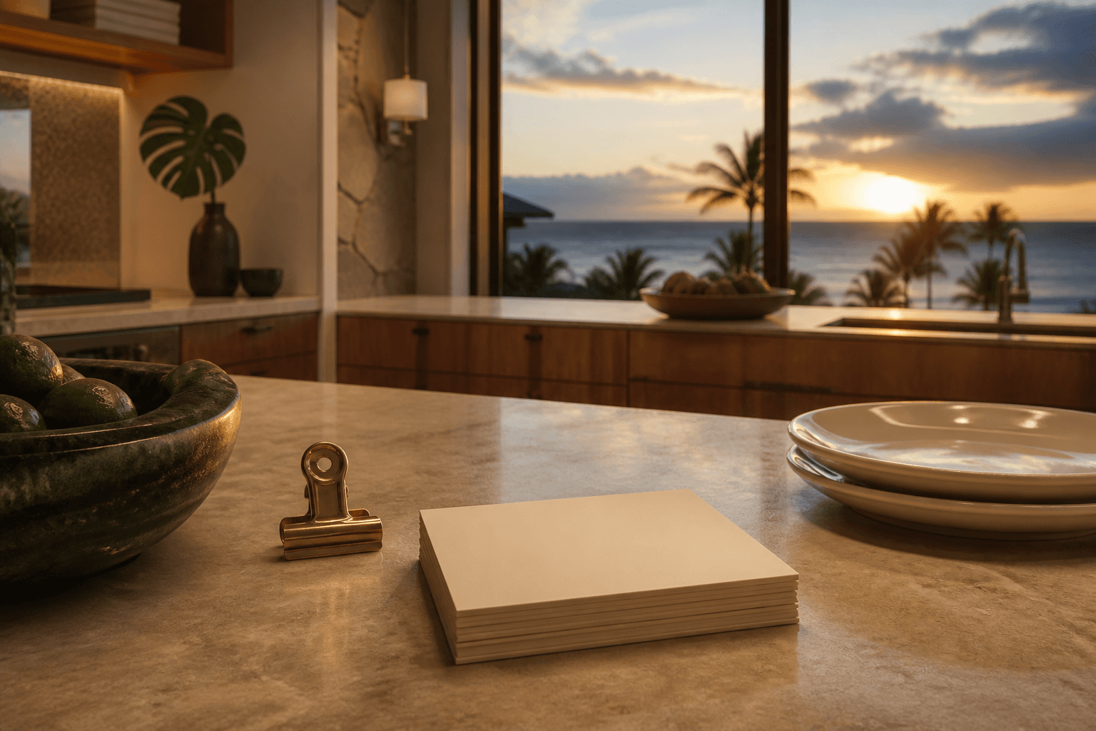 Blank cream ledger cards and a brass clip on a Wailea kitchen island at west sunset, unused ivory plates.