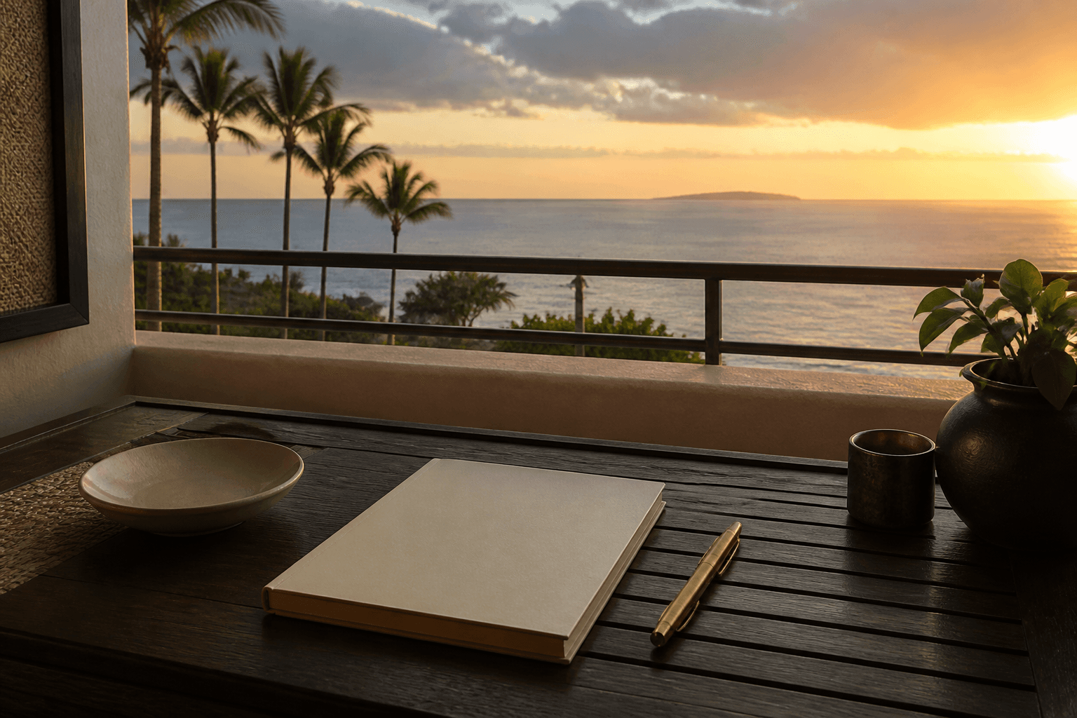 A Wailea lānai desk at west sunset with a closed unmarked notepad and brass pen, no telephone, Pacific beyond.