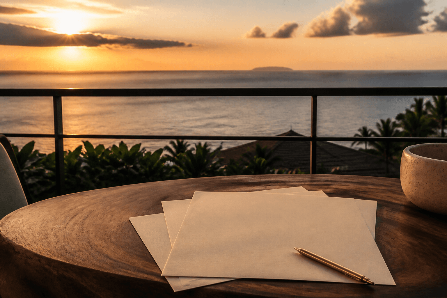 Cream booking notes on a Wailea lānai table at west sunset, brass pen, Pacific beyond.