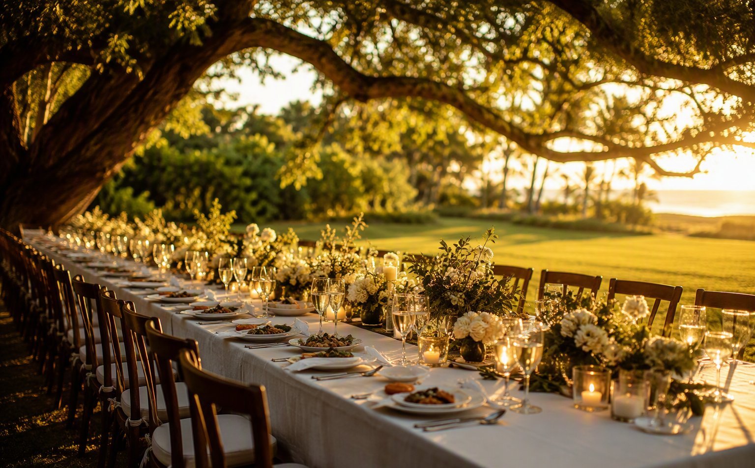 A long estate reception table under trees in dappled light