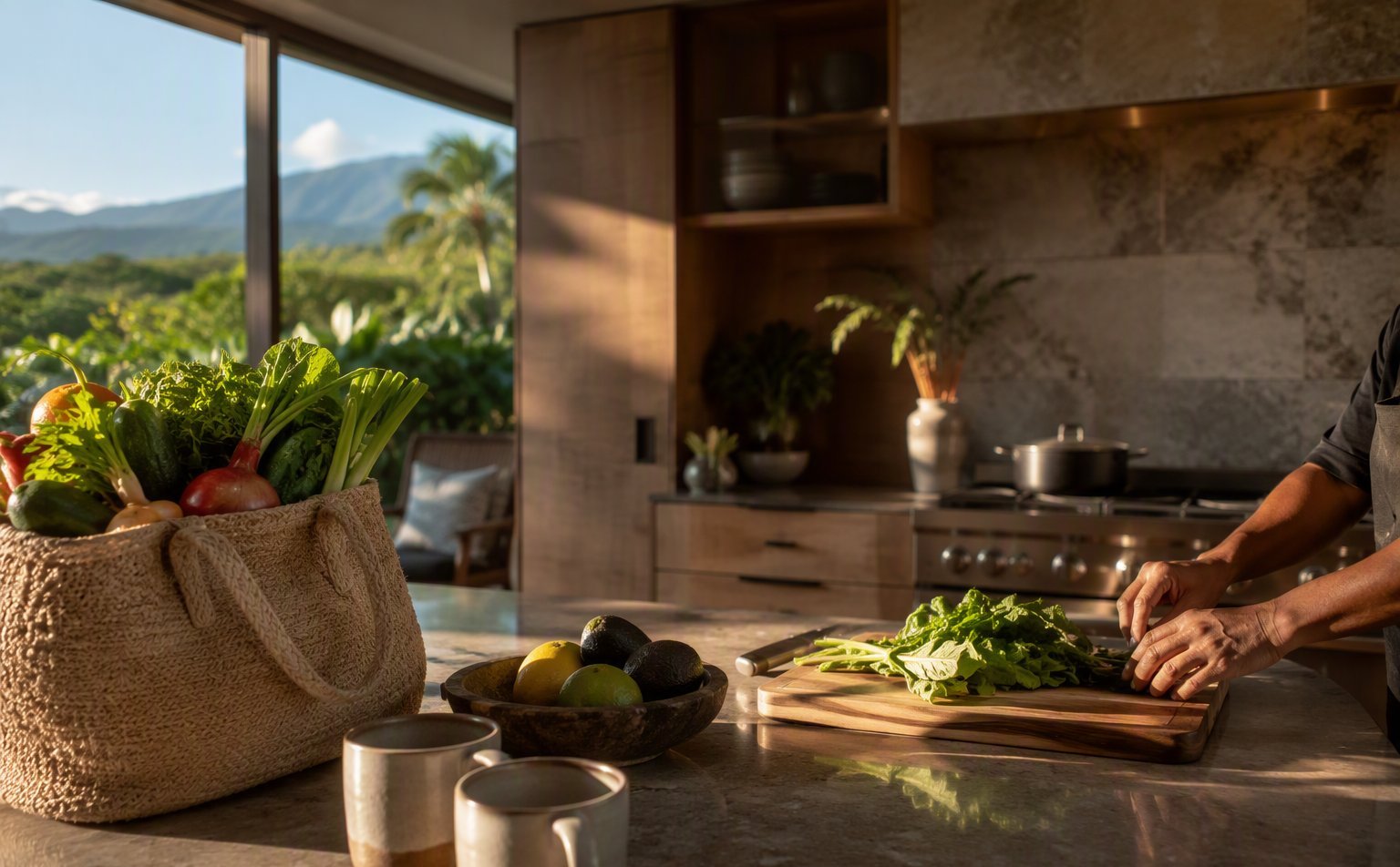 A quiet villa kitchen in the morning, market produce on the counter