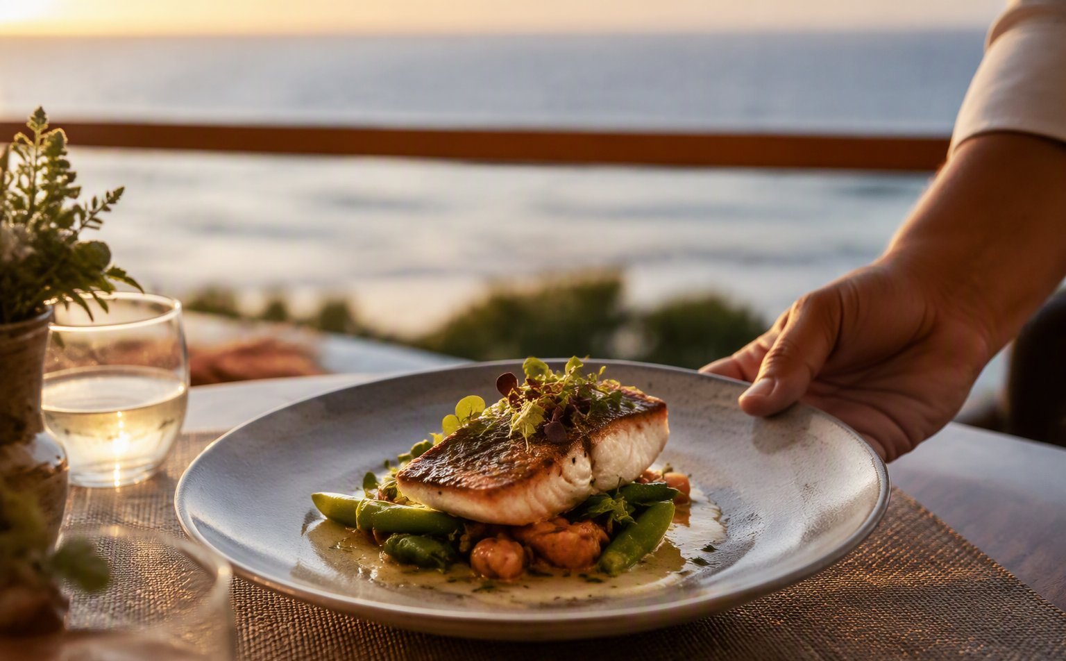 A plated Pacific catch course on a villa lānai at golden hour
