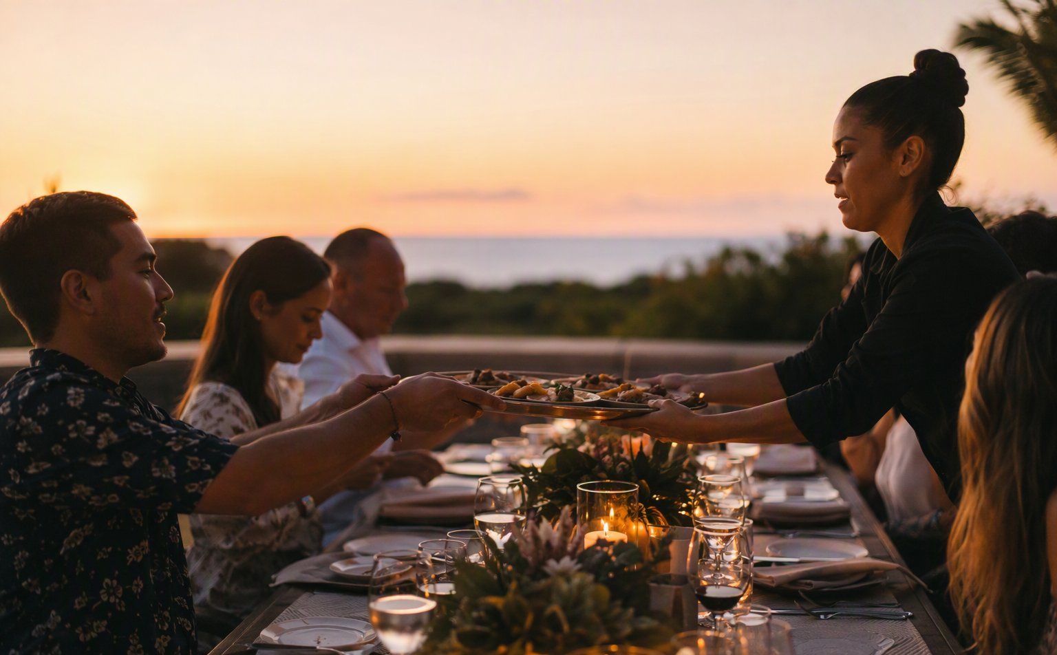 A server passing a tray of small plates at a dusk estate reception