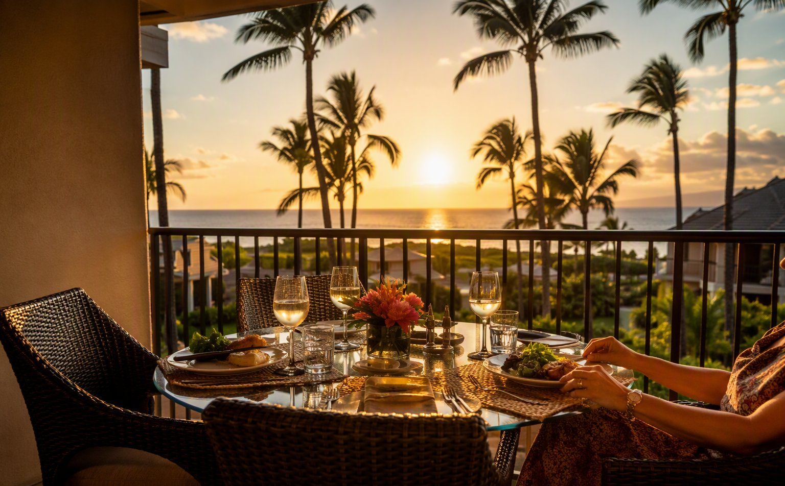 Oceanfront Kāʻanapali villa terrace set for an evening chef-attended dinner