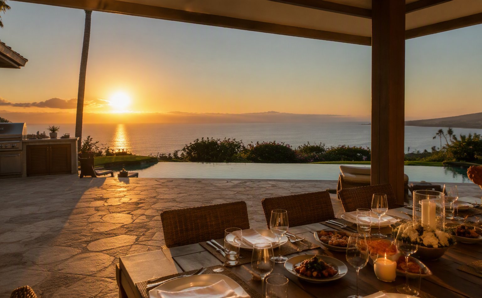 Wailea villa lānai set for an evening family celebration dinner with personal chef service