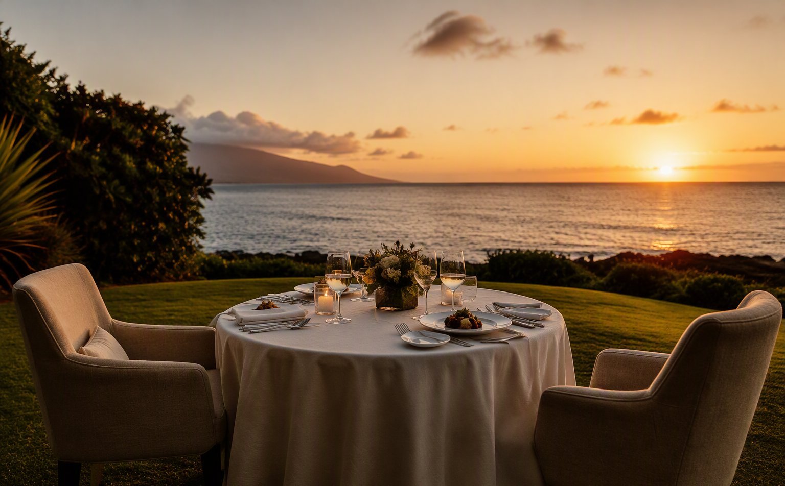 Celebration table set up and served for an anniversary party on a Maui villa lānai